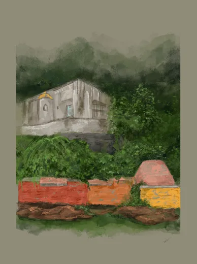 Digital painting of a house nestled in green foliage