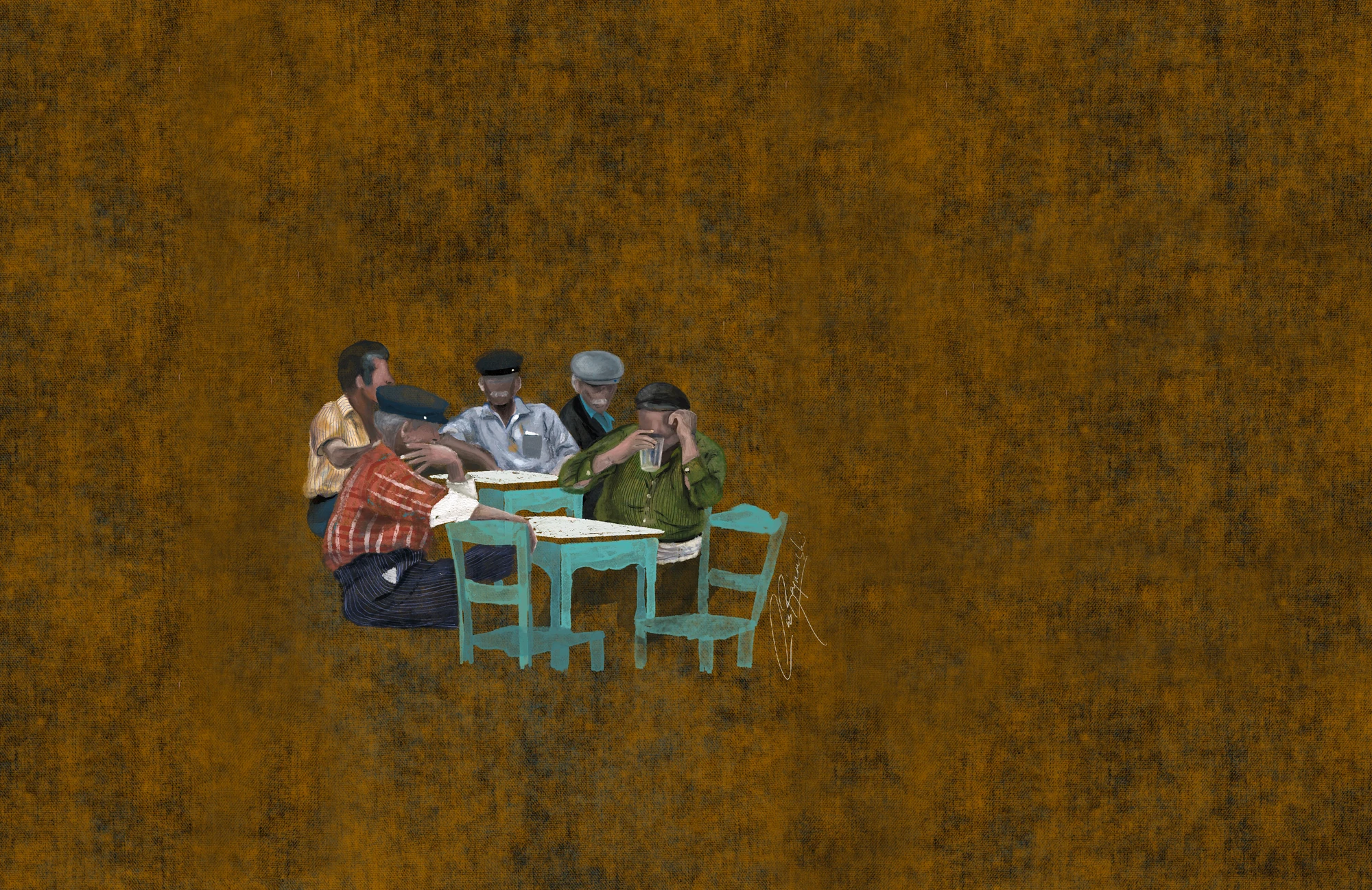 Digital painting of five men in conversation at café tables