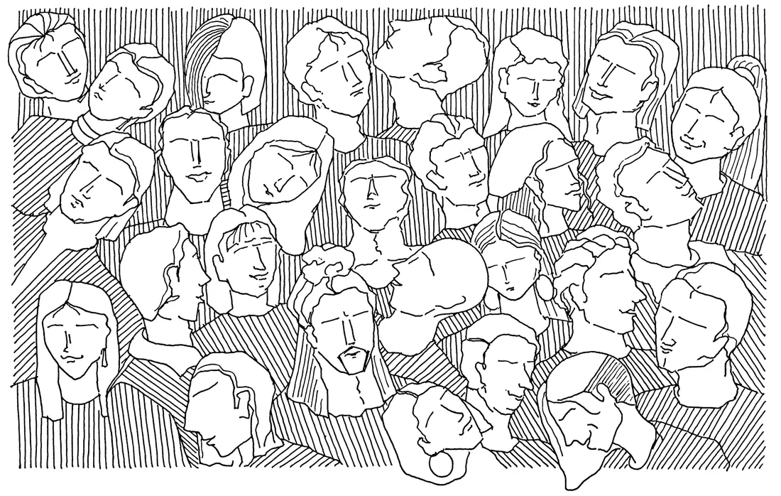 Pen sketch of a crowd of overlapping faces