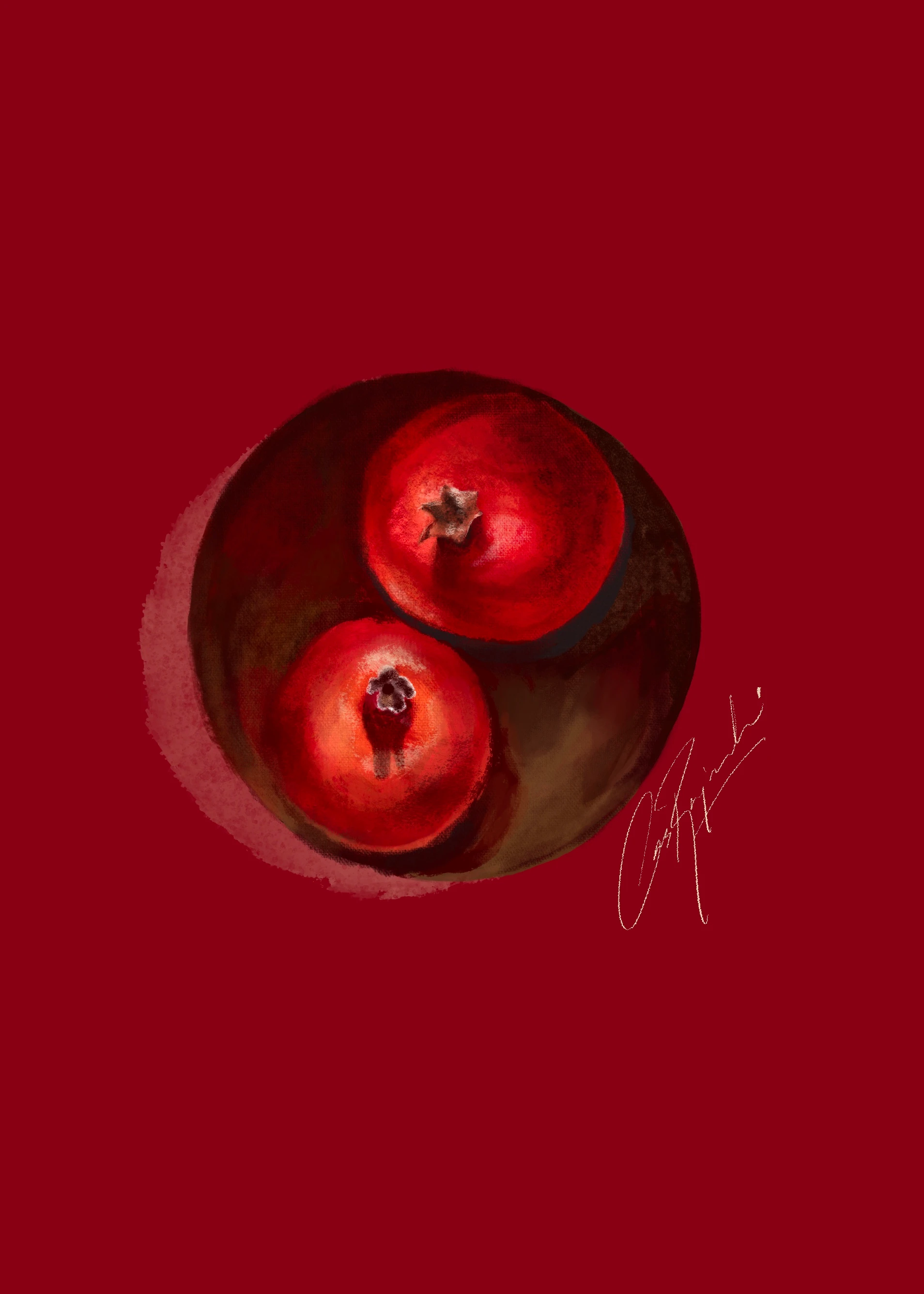 Painting of two pomegranates on a red plate