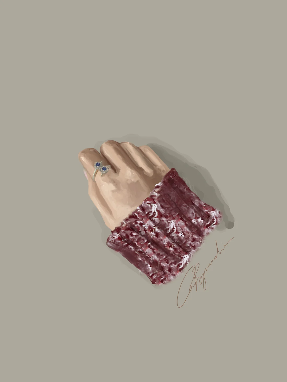 Painting of a hand wearing a ring, cuffed in a knit sleeve
