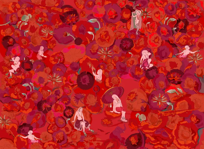 Digital fresco of flowers and leaves in saturated reds and pinks