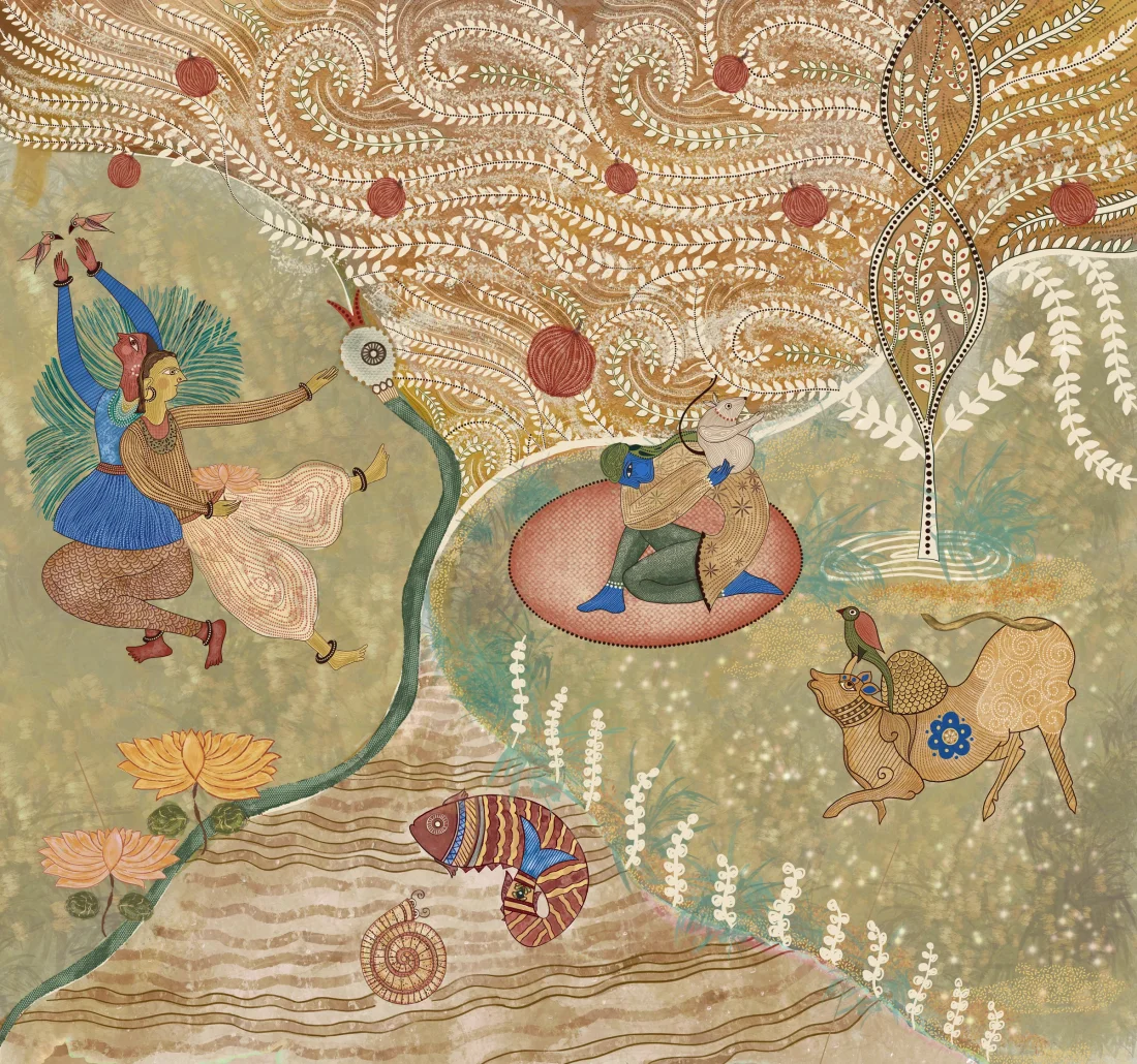 Illustrated scene of a dancing figure and a flute player beneath a swirling patterned tree