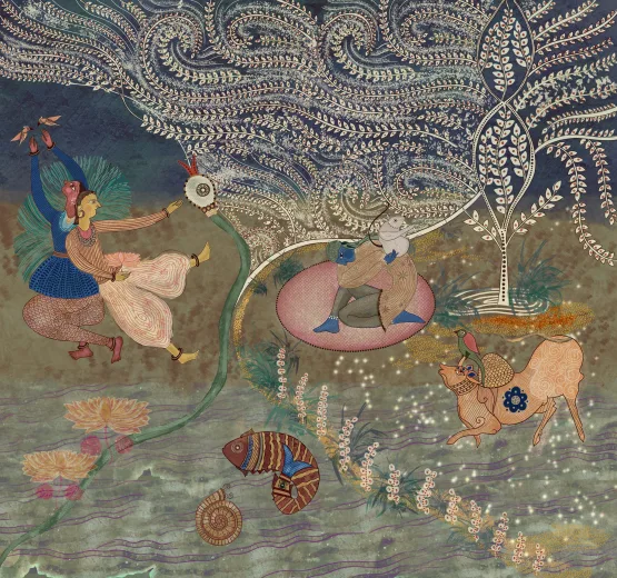 The garden scene in a darker, night-time colourway