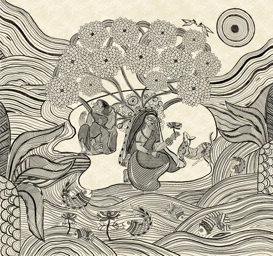 Pen and ink drawing of two women seated under a flowering tree