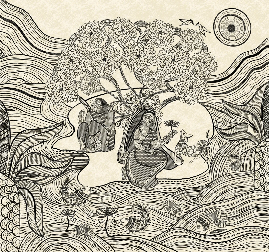 Pen and ink drawing of two women seated under a flowering tree
