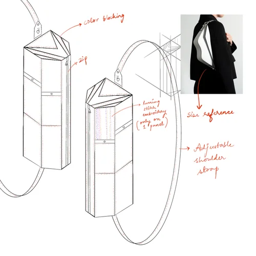 Design sketch — color blocking and adjustable shoulder strap