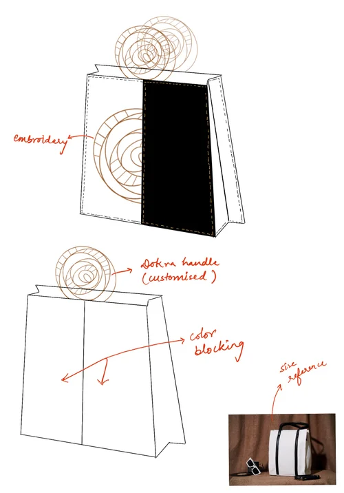 Design sketch — embroidery detail and Dokra handle