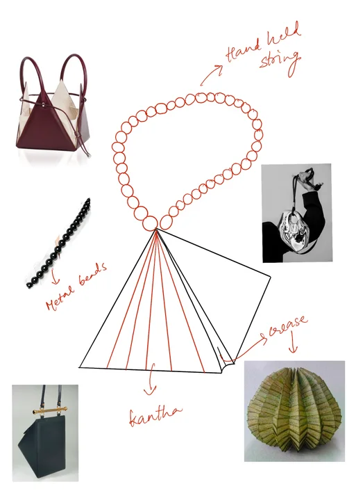 Design sketch — leaf texture, zip enclosure, and machine kantha detail