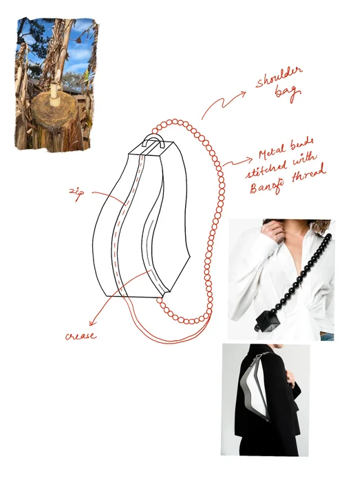 Design sketch — shoulder bag with crease and Banofi thread stitching