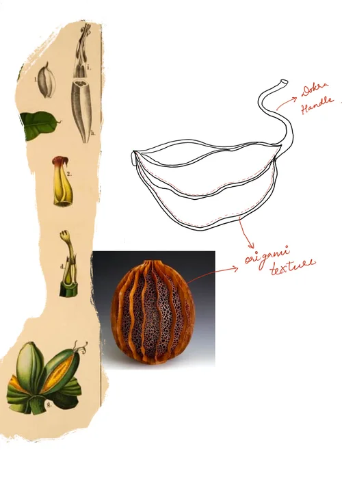 Design sketch — banana-form bag with Dokra handle