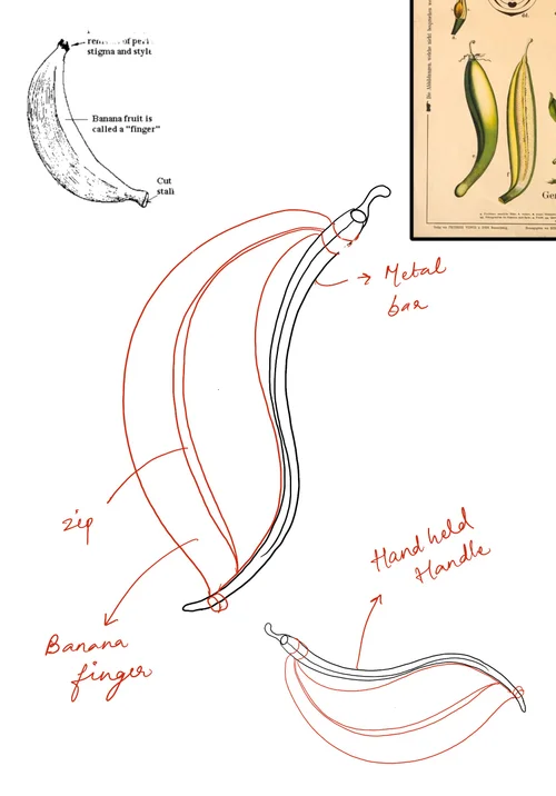 Design sketch — banana finger silhouette with metal box hardware