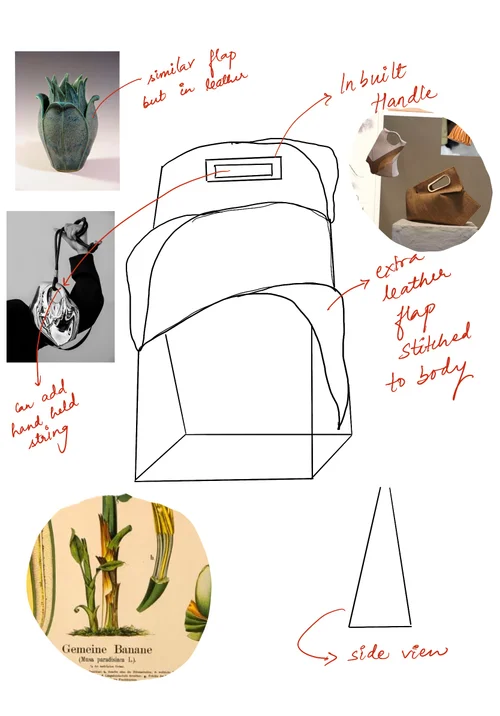 Design sketch — in-built handle and extra leather flap detail