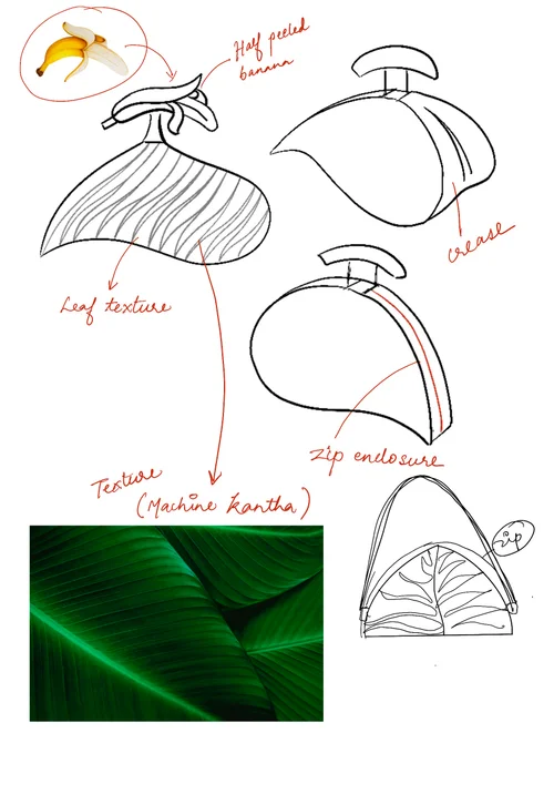 Design sketch — half-peeled banana, leaf texture, and zip enclosure studies