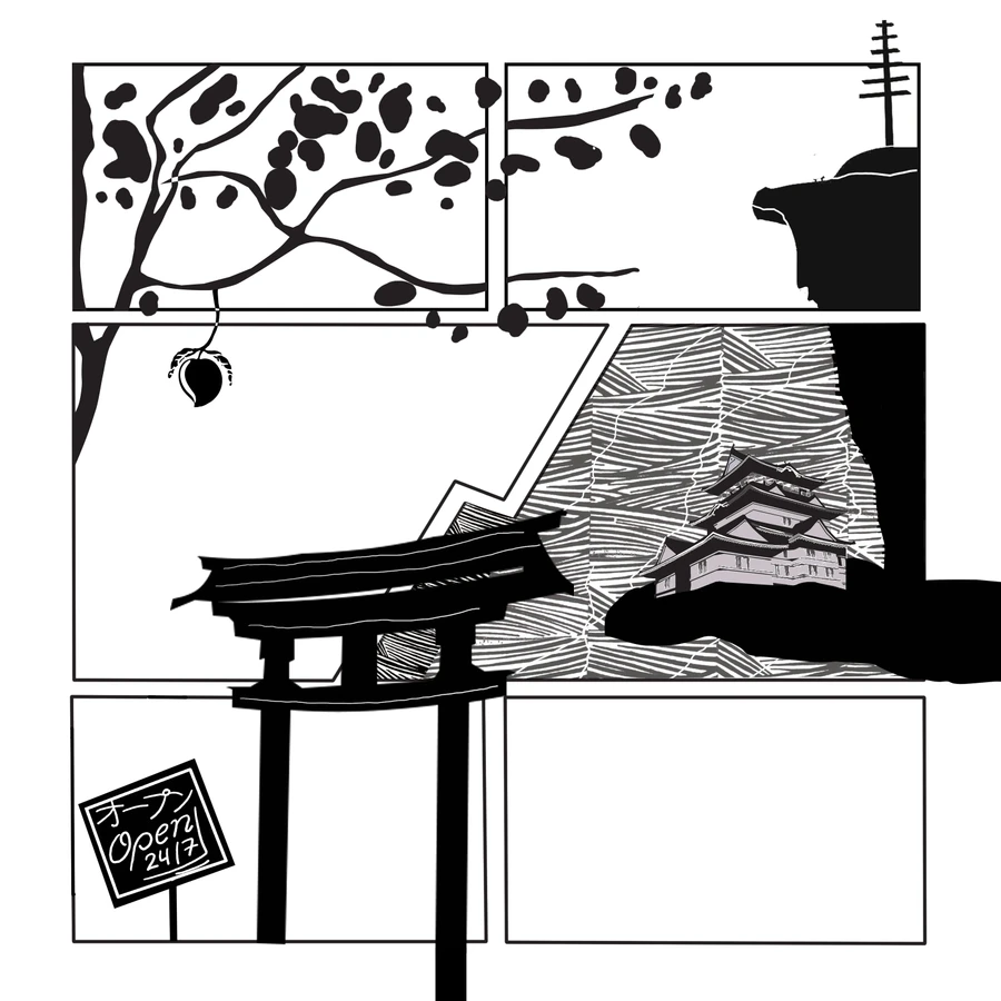 Comic-style concept sketch for the block print