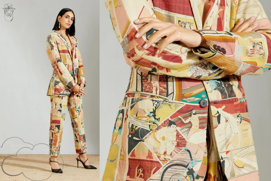 Comic yardage print on a coral blazer