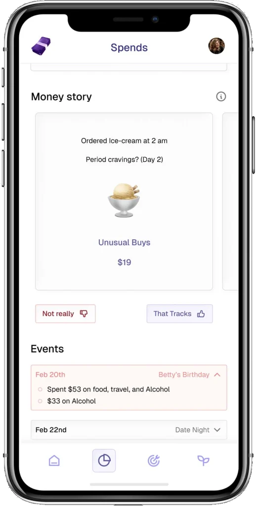Money story screen explaining an unusual purchase with context