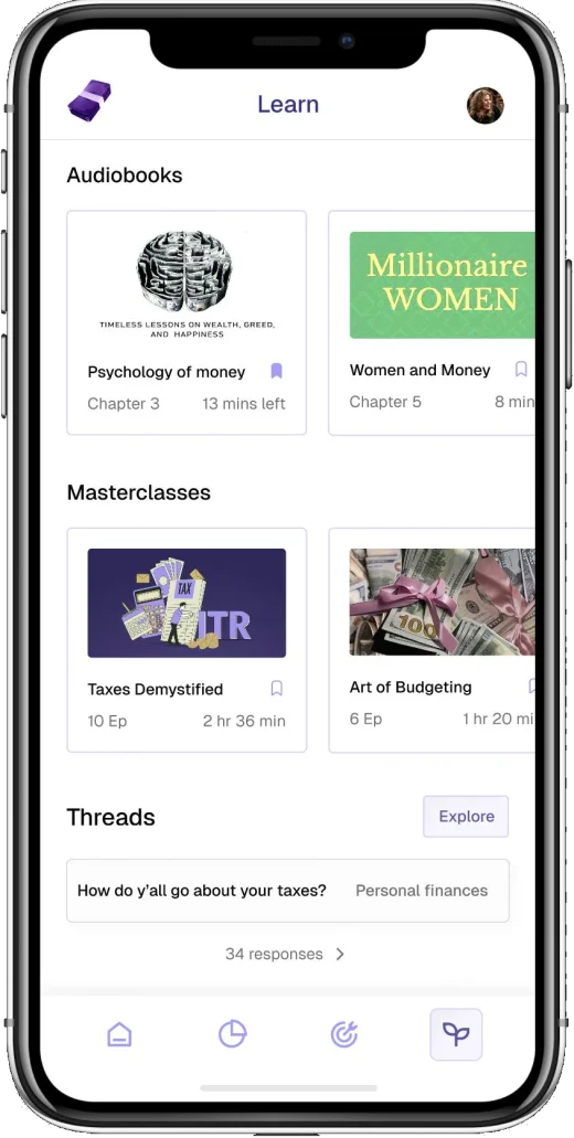 Learn screen with audiobooks, masterclasses and community threads