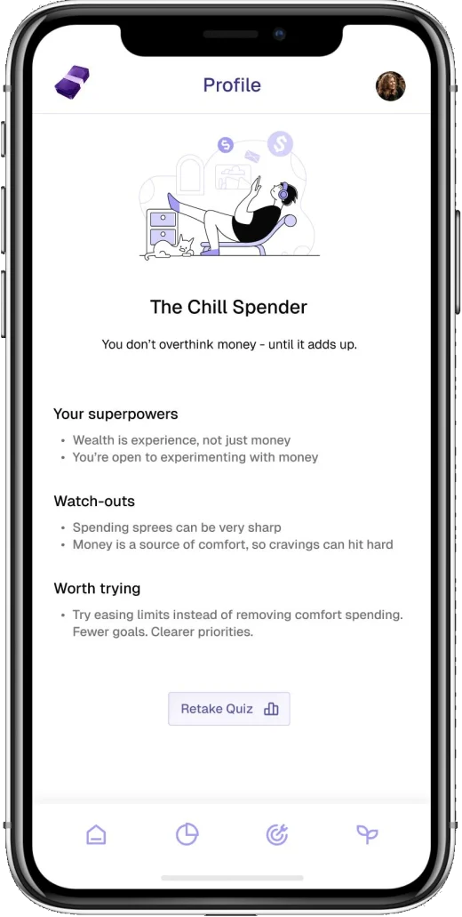 Profile screen showing the wealth personality 'The Chill Spender' with superpowers, watch-outs and things worth trying