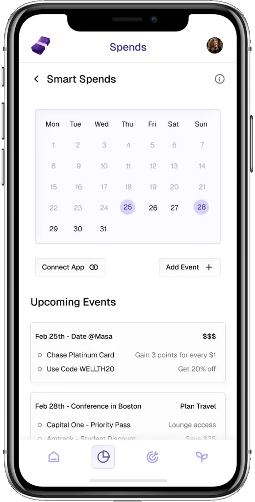 Smart Spends calendar with upcoming events