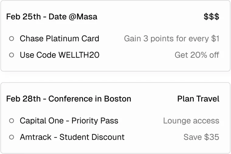 Event-based strategy cards recommending the right card, discount code or student discount