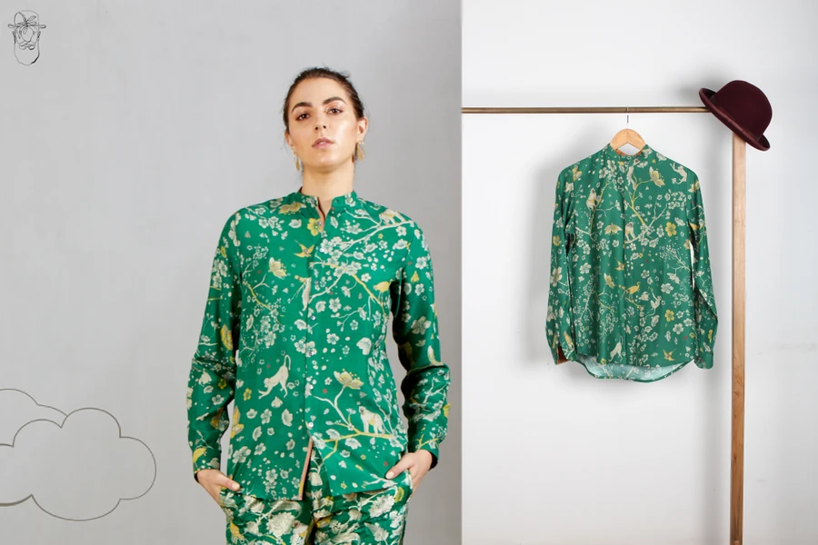 Forest Blossom print on a green shirt