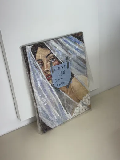 A painted portrait of a woman in a veil, leaning on a white wall