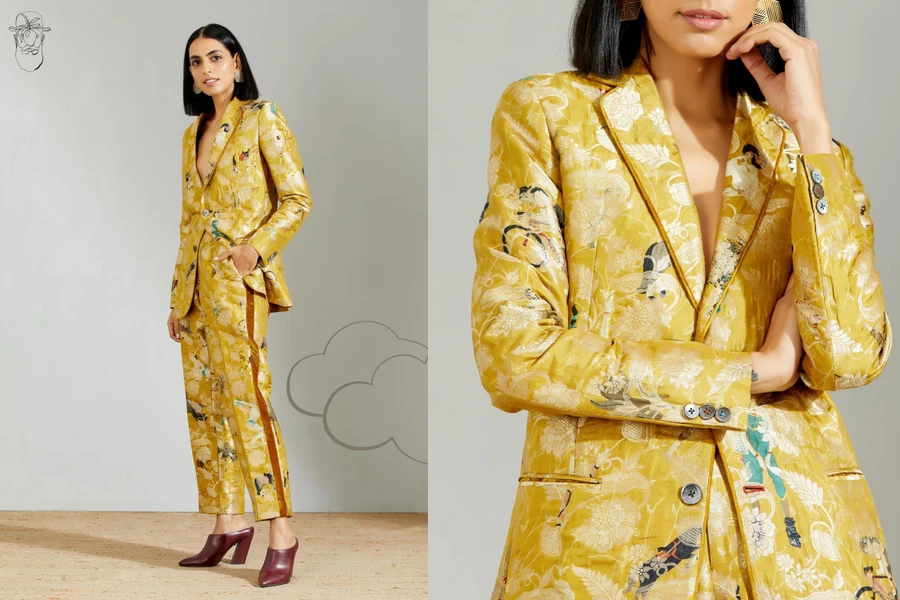 Olympian print on a mustard ensemble