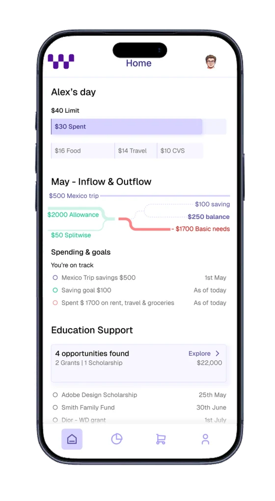 Wellth Home screen showing a daily spending limit, monthly inflow and outflow, goals and education support