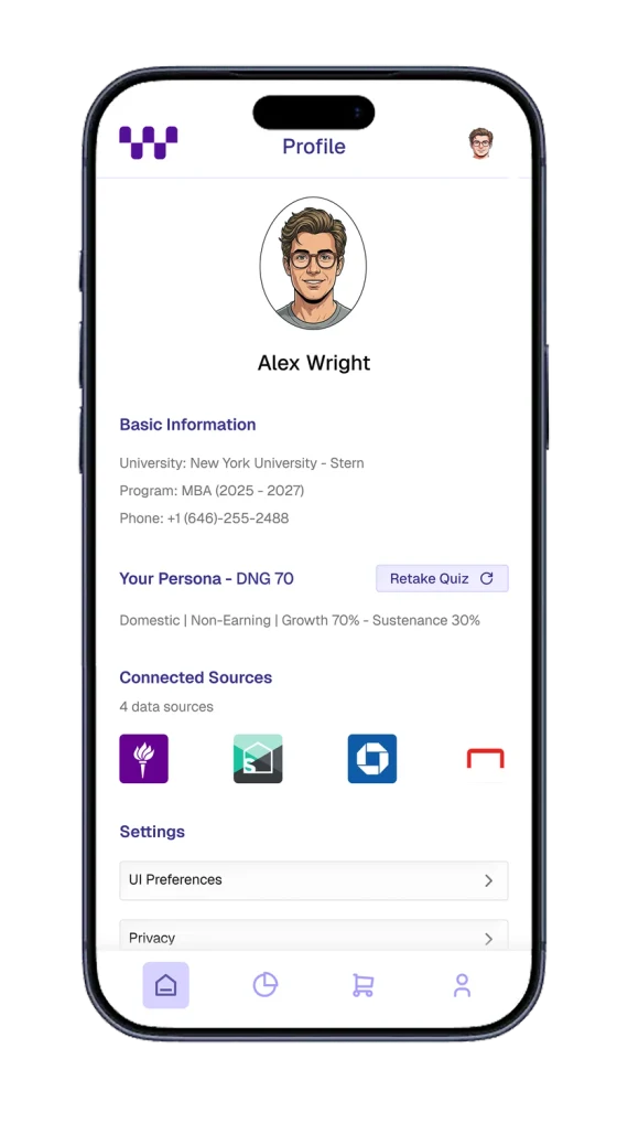 Wellth Profile screen showing the user's wealth persona and connected data sources