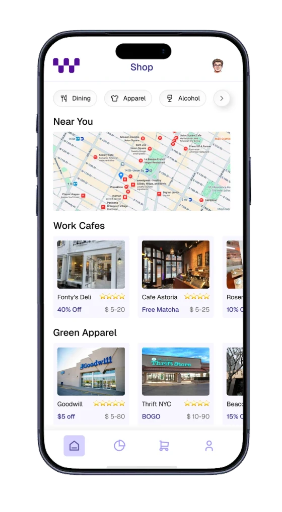 Wellth Shop screen showing a map of nearby student-friendly vendors and their deals
