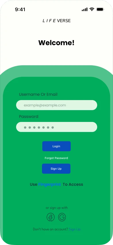 LIFEVERSE welcome and login screen