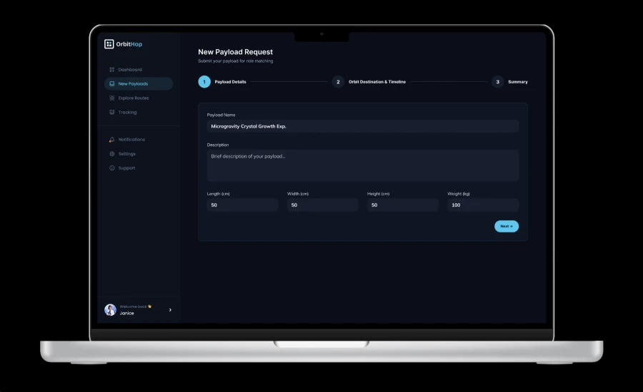 New Payload Request form, step 1: payload details