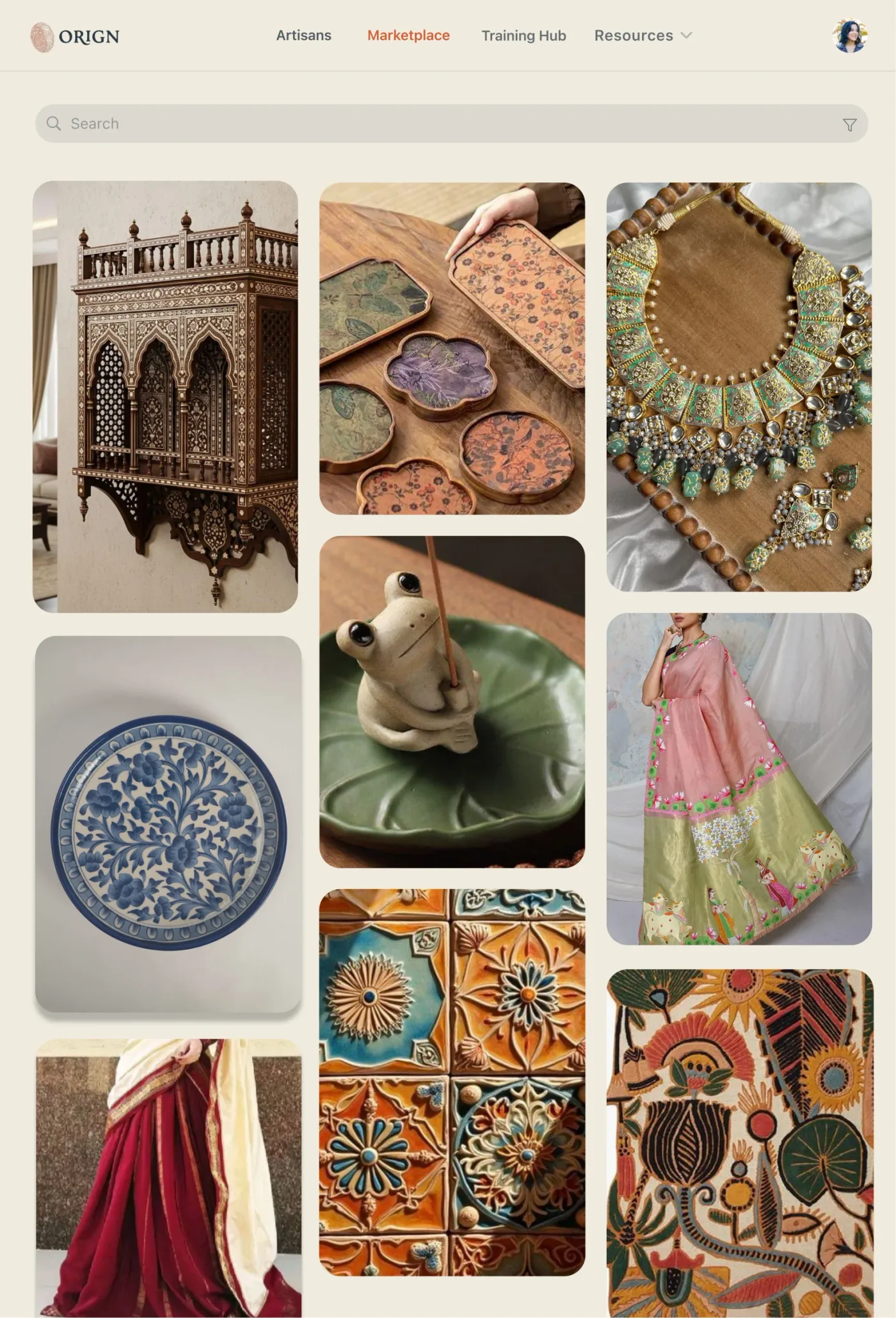 Marketplace grid of handmade pieces