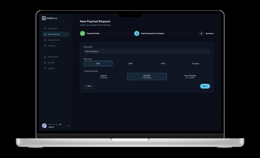 New Payload Request form, step 2: orbit destination and timeline