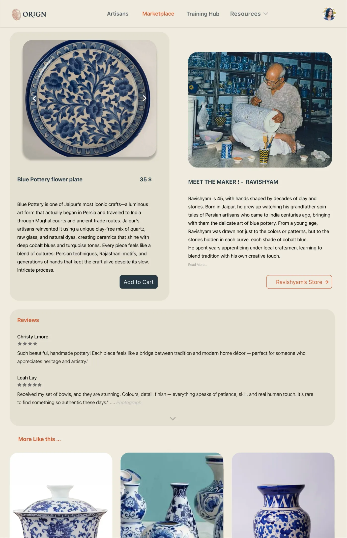 Product page for a blue pottery flower plate beside the maker's story