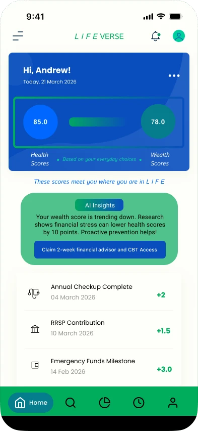 Home dashboard showing Andrew's health and wealth scores