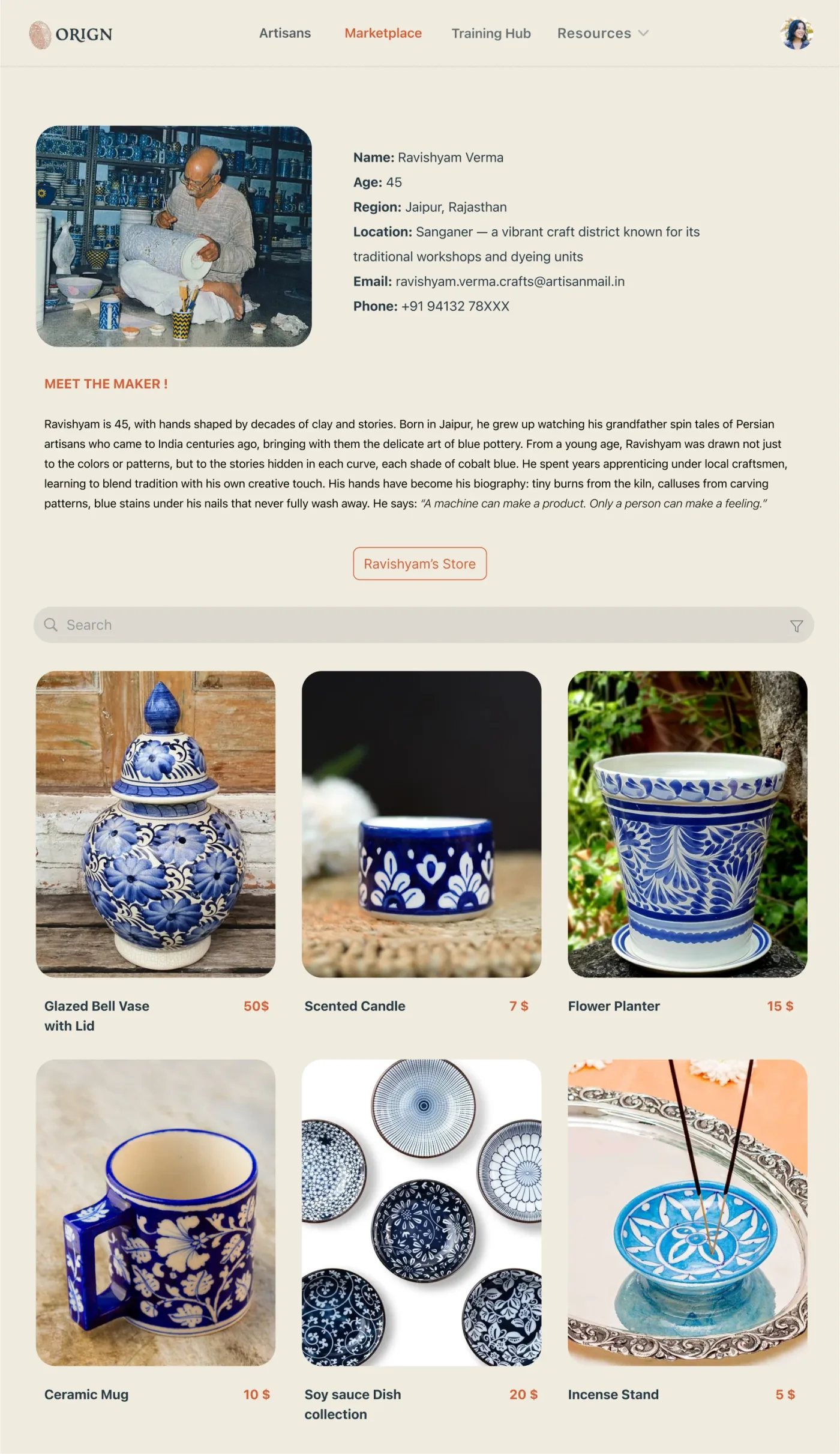 Maker profile page with biography and store