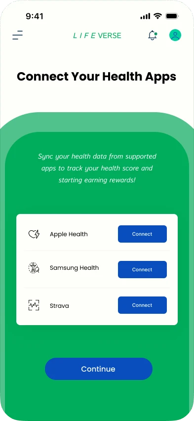 Connect your health apps screen with Apple Health, Samsung Health, and Strava