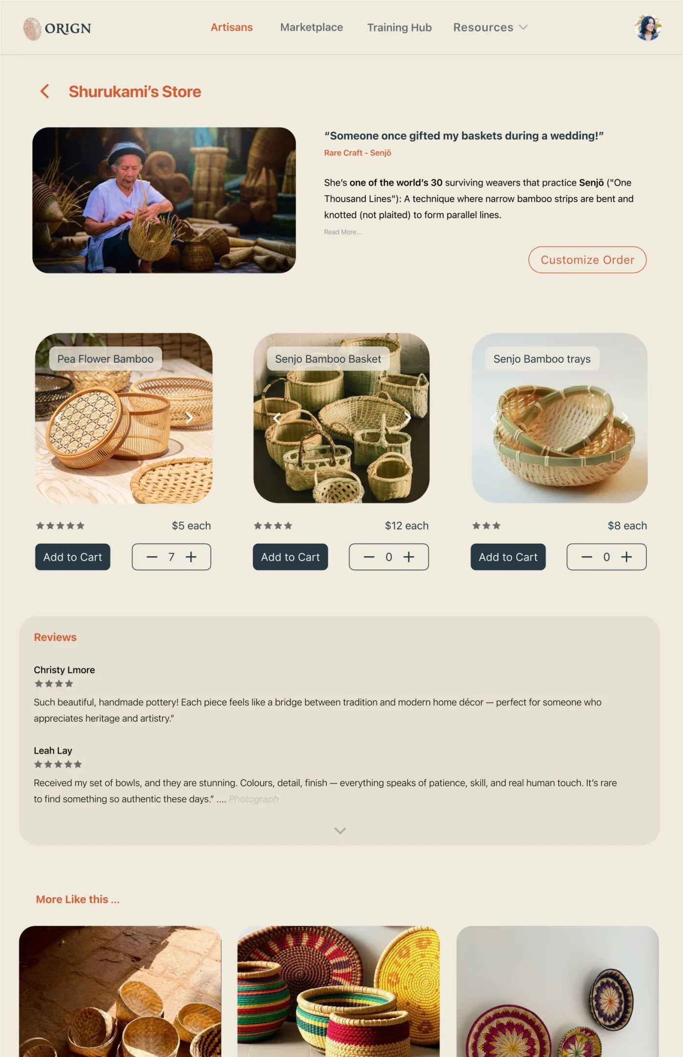 Artisan store page with products and reviews