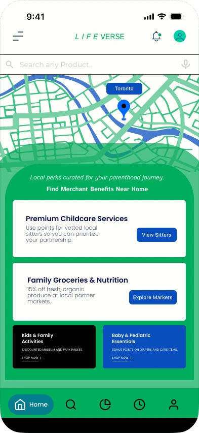 Merchant discovery map screen with childcare and grocery rewards