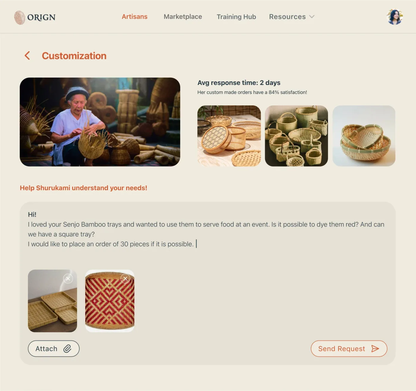 Custom order request form with attachments