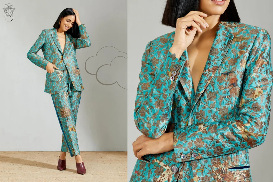 Turquoise brocade blazer set