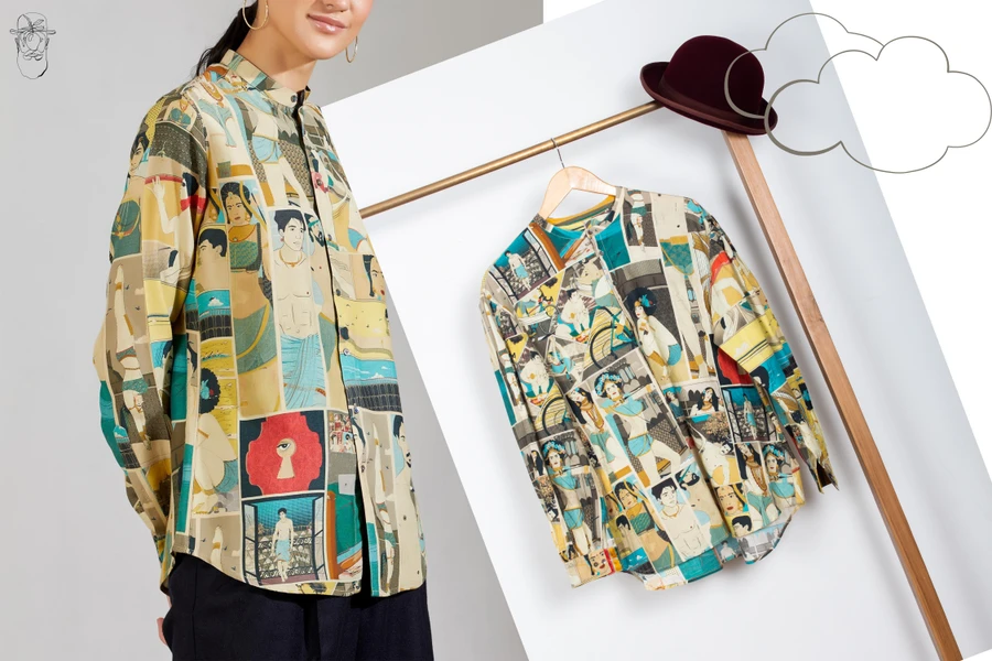 Comic yardage print on a turquoise shirt